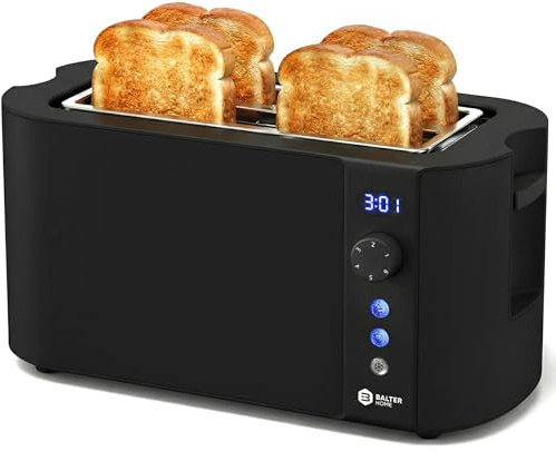 Balter Toaster 4 Slice wide slots, Long Slot, Stainless Steel, Built-in Rack, Extra wide slots for Thick Breads & Bagel, Timer, BPA-Free, Removable Tray, Black