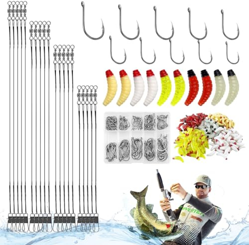 Set da 370 Pesca Accessori Esche per Notte/Pescare Fondo | 250 Esche Artificiali in PVC,100 Ami da Pesca di Acciaio Carbonio (3-12#) in Scatola,20 Filo Guida D'acciaio (15/20/25/30 cm)