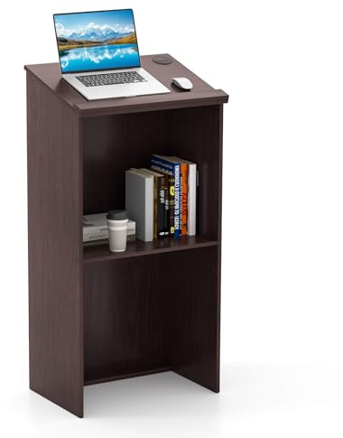 COSTWAY Podium Debout en Bois, Pupitre 117 cm, Surface Inclinée avec Rebord, Lutrin avec Étagère de Rangement et Trous pour Câbles, pour Église, Bureau, École, Séminaire (Brun)