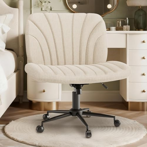 Ferghana Criss Cross Chair，Schneidersitz Stuhl mit Breitem Sitz, Preminum Stoff，Bürostuhl Ohne Armlehne，Höhenverstellbar Drehstuhl，Schreibtischstuhl fur Home，Office,Schminken,Schlafzimmer，Beige