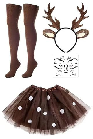JiJiRuDU Reh Kostüm Damen, Rentier Haarreif und Tüllrock Braun, Geweih Haarreif Rentier Kostüm Erwachsene TierKostüm Damen für Halloween Weihnachten Karneval Cosplay Party