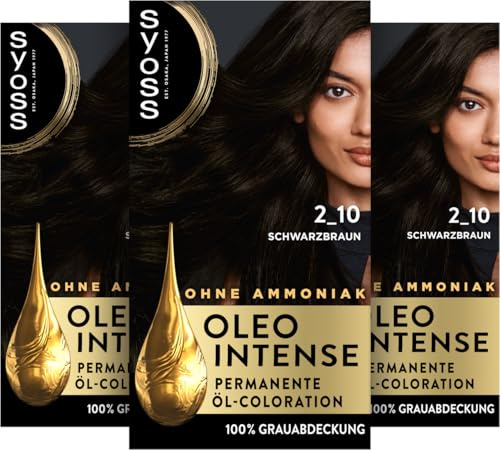 Syoss Oleo Intense Öl-Coloration 2-10 Schwarzbraun (3x 130 ml), dauerhafte Haarfarbe mit pflegendem Öl schützt vor Haarschäden, für 100% Grauabdeckung, Coloration ohne Ammoniak
