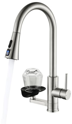 Rubinetto Cucina Miscelatore Lavaglassi Estraibile LED Temperatura | Rubinetto Lavello Cucina con Doccetta Estraibile Lavaglassi Integrato, Mynaiad 2 Getti, LED Temp, 360° rot, Acciaio 304 Spazz