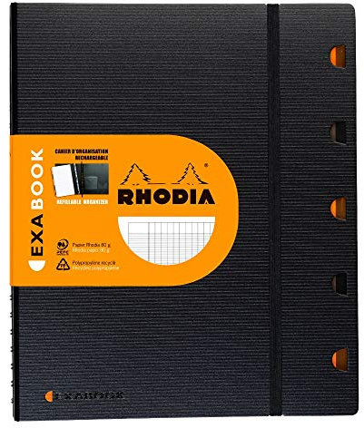 RHODIA 132151C - Cahier d’Organisation Rechargeable Exabook Noir A4+ - Grands Carreaux Seyès - 160 pages Détachables Perf. 4 trous - Papier Clairefontaine 80 g/m² - Couverture Polypro recyclée