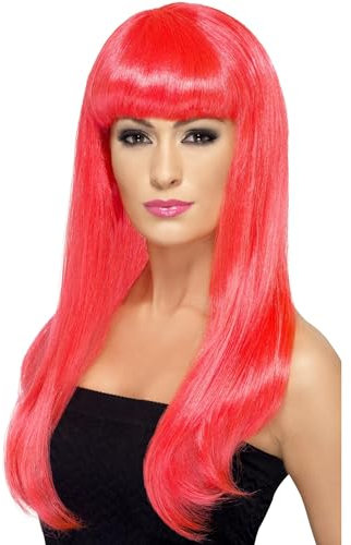 SMIFFYS Parrucca attraente e sexy, rosa fosforescente, lunga, liscia con frangetta Halloween