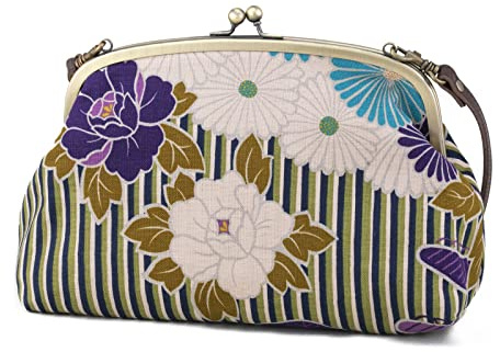 Kiss Lock Purses and Handbags with Vintage clasp closure Two way (Retro FlowerPurple) for women, Japanese kimono pattern