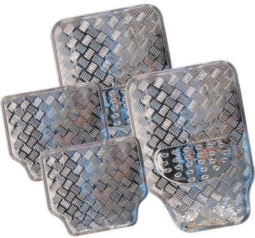 4pc Heavy Duty Alloy Checker Chrome Plate Mat - Aluminium Effect Car Mats Set Van | All Weather With Rubber Backing Fits Car - Long Lasting (Silver)