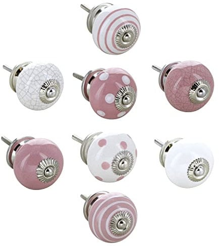G Decor Light Pink and White Handmade Assorted Designs Ceramic Door Knobs, Vintage, Shabby Chic, Interior Furniture, Cabinet Cupboard Drawers Pulls Handles (8-Pack)