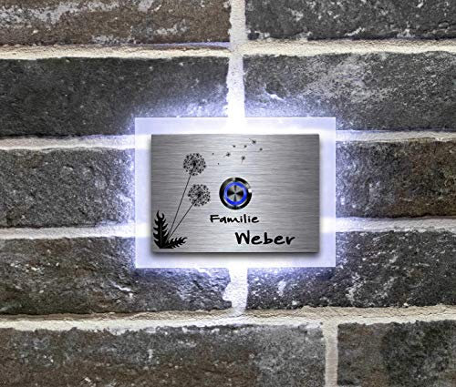 Beleuchtete Edelstahl Türklingeln mit Gravur und über 100 Motive | Gravierte Klingelplatte mit Led-Beleuchtung Größe: 12x9 cm Klingel-Taster Klingelschild Namen Modell: Weber-L