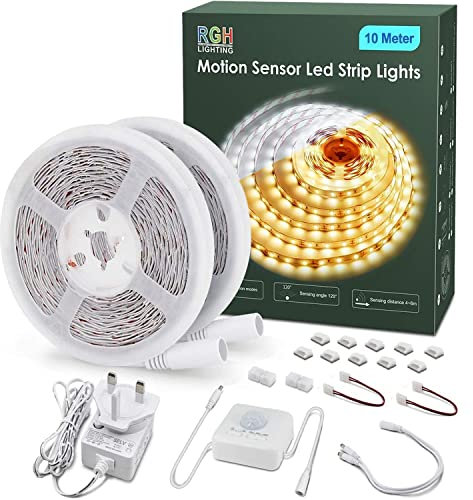 RGH LIGHTING Motion Sensor Led Strip Lights 10 Meters, 6000k White Led Light Strip Day or Night Motion Activated 2 Modes for Cabinet Kitchen Living Room Bedroom Stair Decor