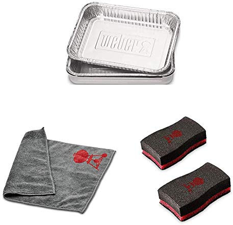 Weber 6415 Alu-Tropfschalen, 15x22cm, 10 Stück, Einwegschalen, Fettauffangschale + Mikrofasertuch, Reinigung, polieren + Reinigungsschwamm, 2 Stück