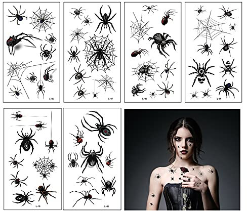 DOKEI Spinnen Temporäre Tattoos, 100stk Halloween Schminke Tattoo Schwarz Spinne Tattoo Karneval Spinnennetze Gesicht Tattoos Aufkleber für Masquerade Punk Party Makeup Gruselparty