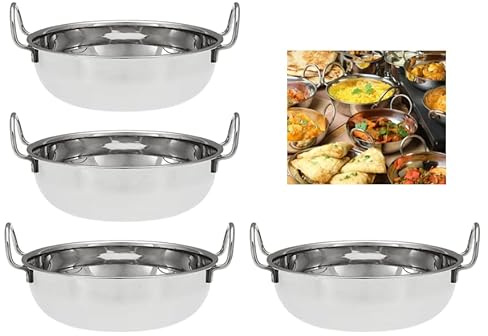 U COOK Balti Dish Set of 4. Stainless Steel 18cm, Curry Bowel and Indian Cuisine Dishes. Multipurpose Indian Serving Karahi Restaurant Style Food Cooking and Serving Handled Dishes. (18cm x 4 Pack)