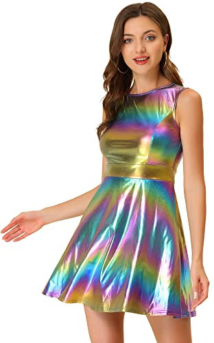 Allegra K Abito svasato olografico a vita alta senza maniche girocollo da donna metallizzato, Blu e viola., 48