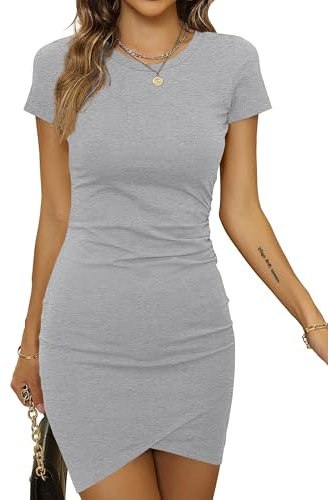 Laughido Bodycon Kleid Kurz Enges Wickelkleid Damen Kurzarm Sommerkleid Mini T Shirt Kleid (Heidekraut Grau, Groß)