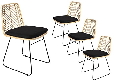 SAM 4er Set Rattanstuhl Kairo, Farbe Natur | Esszimmerstuhl inklusive Sitzkissen, Korbstuhl mit Metallfüßen, Geflechtstuhl/Eisenstuhl im Retro-Design