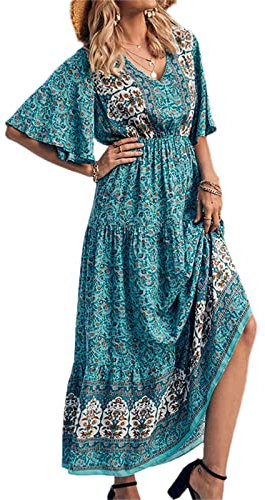 Women's Summer Casual Maxi Dress Bohemian Floral V Neck Puff Short Sleeve Ethnic Style Beach Tiered Sundress Long Swing Dress (Cyan, Medium)