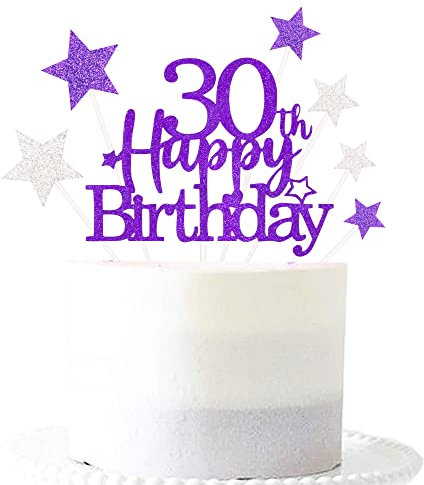 Glittery 30th Happy Birthday Cake Topper with Star,Personalised 30 Birthday Cake Toppers Party Decorations Party Supplies for Men Women Purple Silver