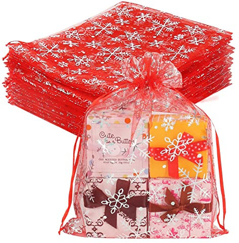 YQL 100 Stück Organzasäckchen Weihnachten, 17x23cm Rot Organza Säckchen Gross Schneeflocke Säckchen mit Zugband, Schmuckbeutel, Geschenkbeutel für Weihnachtsseife, Schmuck, Süßigkeiten, Make-up