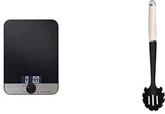 KitchenAid digitale Küchenwaage, Glas & KitchenAid Pasta-Servierlöffel, Hitzeresistent, Antihaftbeschichtung, Spaghettilöffel – Almond Creme