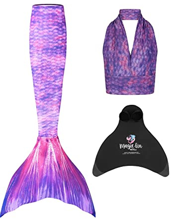 Mermaid Planet Queue de sirène de natation 3 pièces pour femme, haut et monopalme magique résistante à l'usure, couleurs vives., violet pluie, 40-42