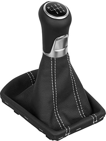 ICT Schaltknauf Schalthebel Schaltsack Schaltmanschette Leder Naht silber kompatibel mit: VW Golf 8 Ersatzteil (6-gang 07, ohne LED)