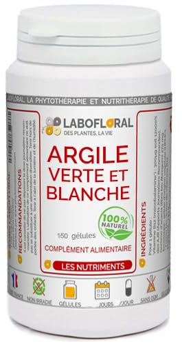 Argile verte et blanche Labofloral 150 gélules dosées à 420 mg - Complément alimentaire - vertus purifiantes et apaisantes du système digestif, cure détox- Fabriqué en France
