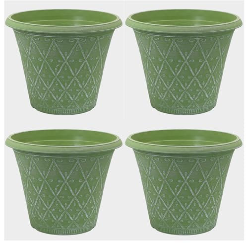 Fyne-Finds Set of 4 Round 30cm, 12inch Garden Plastic Material Plant Pot Moss Green Outdoor Planter Decorative Cover, Drainage Holes, Weather, Frost Proof