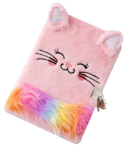 SAFIGLE Mi Note Notebook Plush Cat Diary with Lock Fluffy Cute Lock Journal Drawing Diary Plush Cat Notebook Journal with Lock Plush Cat Secret Fluffy Notebook Student Paper Notes Girl