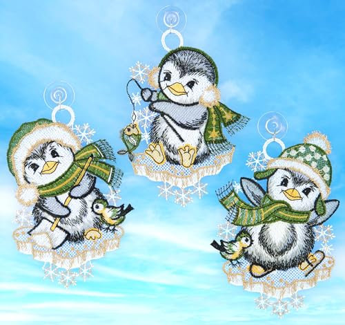 Plauener Spitze Fensterbild Weihnachten Pinguine Grün 3er Set 16 cm Fensterdekoration Weihnachtsdekoration Weihnachtsschmuck mit Saugnäpfen