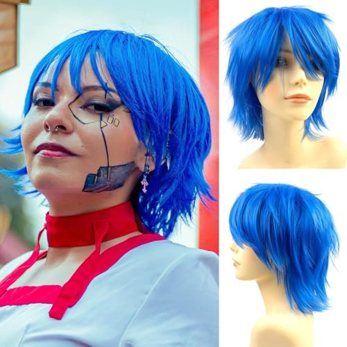 Luxiremi Cosplay Anime Perücke Kurzhaar Neon Blau für Herren Damen Halloween Kostüm und Karneval Perücken