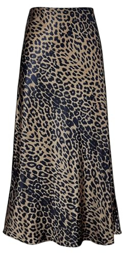 Outoshe Women's Satin High Waisted Maxi Skirts Hidden Elasticized Waistband A Line Long Skirt, Leopard Brown, XXL