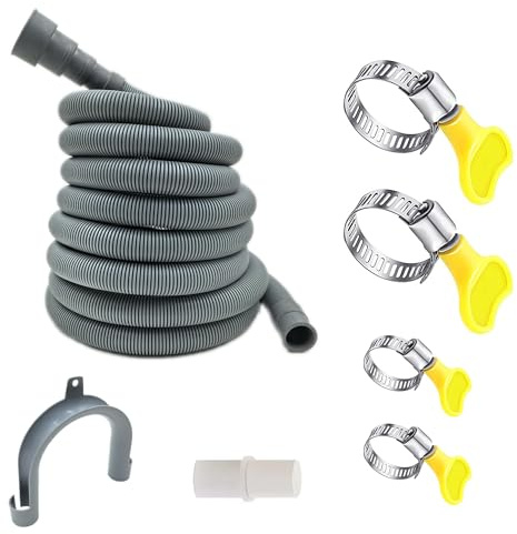 HLMOptimo 6 Feet 12 Feet Universal Washing Machine Drain Hose Flexible Dishwasher Drain Hose Extension Kits Corrugated Washer Hose w/ 1 Adapter 1 Hose Clamps 1 U-Bend Hose Holder (16 feet)