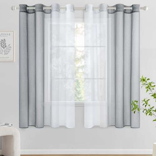 Woaboy Voile Vorhang Zweifarbiger Vorhang mit Ösen Transparente Gardine Ösenschal Dekoschal Fensterschal Lichtdurchlässig für Schlafzimmer und Wohnzimmer 2er Set 140x145cm Grau