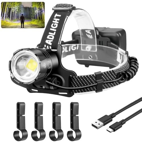 NAKCNM Kopflampe Stirnlampe LED Wiederaufladbar, Kopftaschenlampe Stirnleuchte Kopfleuchte mit Akku, 10000 Lumen Extrem Hell 3 Modi Einstellbarer Fokus Wasserdicht 90° verstellbar Lichtwinkel