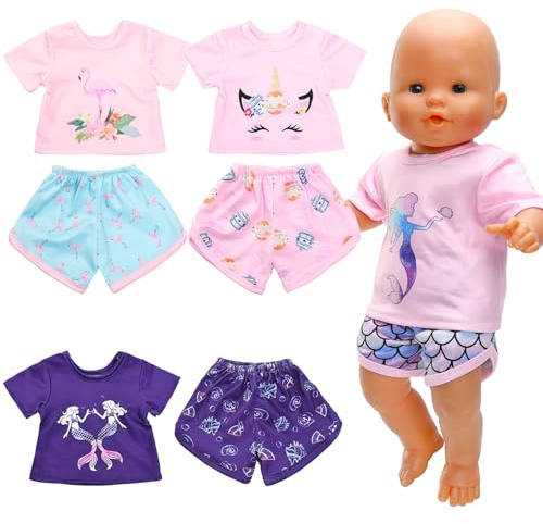 Miunana 4 Set Puppenkleidung Kleidung Kleider für 35-43 cm Baby Puppen, Meerjungfrau Einhorn Muster Puppen Sommer Outfits für 14-17 Inch Baby Doll Geschenke für Mädchen (Puppe Nicht im Lieferumfang)