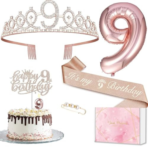 Geburtstagsdeko 9 Jahre Mädchen, 9 Geburtstagskrone und Schärpe, Tortendeko Geburtstag und Kerzen, Roségold Folienballon 9, 9. Geschenk für Mädchen zum Geburtstag Party Deko Supplies