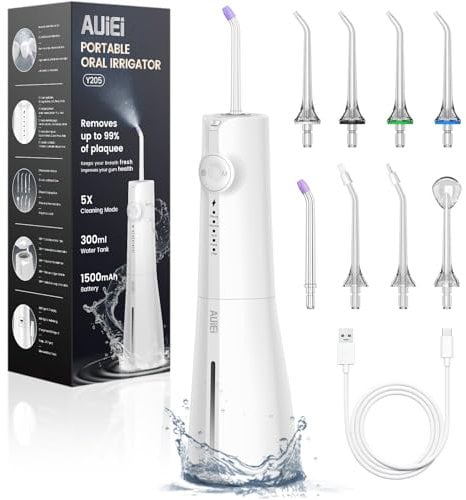 Munddusche Kabellos, AUIEI Elektrische Zahnreiniger Tragbar Waterflosser 5 Modi & 8 Düsen, 300ML Zahndusche Oral Munddusche Testsieger für Mundpflege & Reinigung Reisen nach Hause (Weiß)