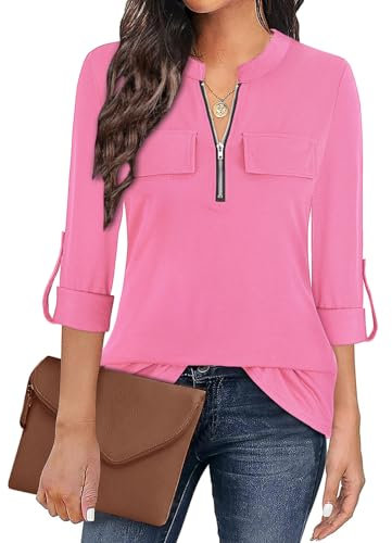 Gemulate Shirts for Women UK Pink Zip Up 3/4 Sleeve Tops for Women UK Plaid Tunic Blouse Long Sleeve Polo Top Floral Printed Shirts - Solid Pink, XXL
