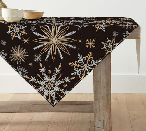 Artoid Mode Schwarz Gold Schneeflocken Weihnachten Tischdecke, Tischwäsche Winter Küche Tisch Dekoration Drinnen Urlaub Party Dekor 100x100 cm
