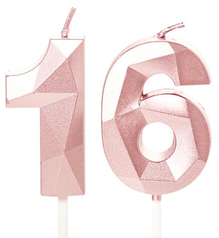 Rose Gold 16 Birthday Candles - Number 16 Candles for Cake, 16th Birthday Cake Toppers