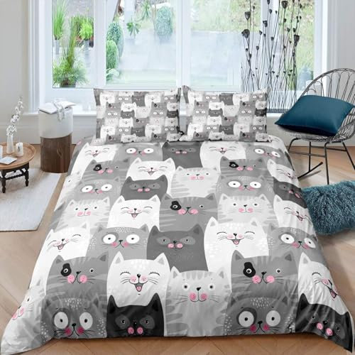 Tabeskly Mädchen Cute Katze Kitty Katzenmotiv BettwäSche Kinder Katzenbettwäsche KinderbettwäSche Bed Duvet Cover Bedding Set 135×200cm