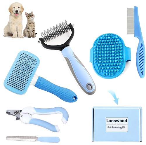 Lanswood 6 Pack Dog Grooming Kit Dogs Brush-Slicker Brushes, Double Sided Shedding Brush, Nail Clipper with Nail File, Flea Comb for Pet, Bath Brushes for Cat