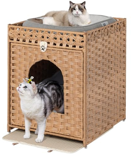 Snughome Katzentoilette mit Katzentoilette, versteckt mit Katzentoilette, versteckte Waschraummöbel mit Tür, handgewebte Rattan-Katzen-Waschraumbox, Haustierhaus für Wohnzimmer, Schlafzimmer (Natur)