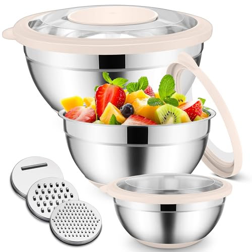 HaWare Rührschüssel 3er Set, Edelstahl Schüssel Salatschüssel Set mit Transparenter Luftdichtem Deckel und Rutschfester Silikonboden & 3 Reibenaufsätzen, 4,6L/2,5L/0,7L, Spülmaschinenfest, Khaki