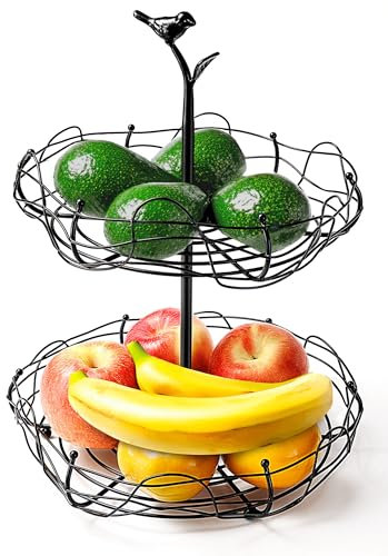Ouseen Cesta de frutas de 2 niveles con diseño de nido de pájaro, encantador mango de pájaro, organizador multifuncional de frutas y verduras para encimera de cocina y mesa, mezcla perfecta de estilo