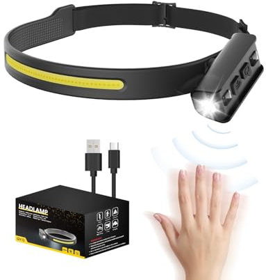 Stirnlampe LED Wiederaufladbar, 1200LM 90°Einstellbar Scheinwerfer & 230°COB Superhell Kopflampe, 5-Modi mit Sensor, IPX5 Wasserdicht, 12 Stunden Laufzeit, Leichte Scheinwerfer für Camping(1 PC)