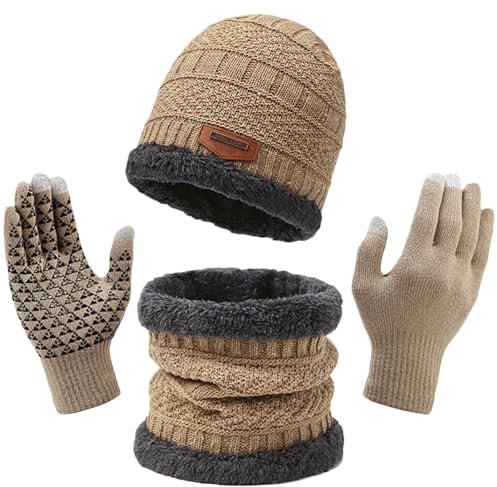 TYXHXTF 3in1 Winter Mütze, Schal, Handschuh Set, Warmer Warme Beanie und Loop Schal Touchscreen Handschuhe Herren Damen, Wintermütze Winterschal Handschuh-Sets für Ski (Khaki)