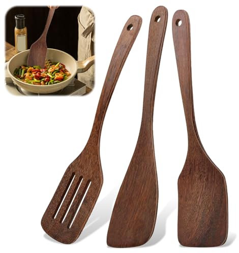 Juego de 3 espátulas de madera para cocina, espátula de madera para cocinar, espátula de madera con vetas, mango largo, espátula de madera antiadherente para sartén wok con revestimiento antiadherente