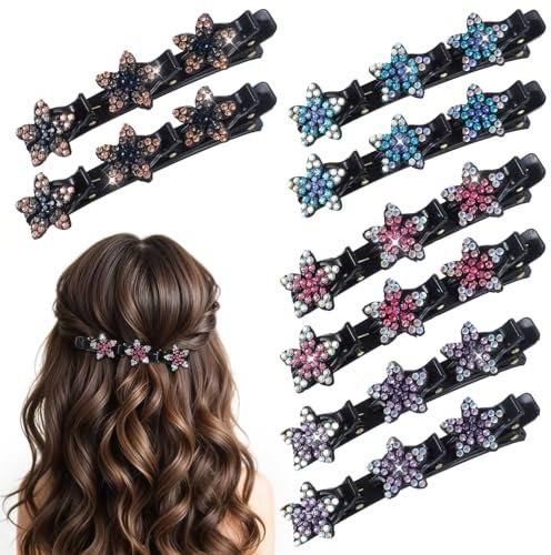 Tyqour 8 Stück Kolibri Haarspange mit Kristallblume,Doppelschicht Haarspangen Damen,Glitzernde Kristall-Stein Geflochtene Haarspangen,Geflochtene mit 3 Mini-Haarspangen für Frauen Mädchen